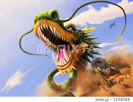 凶暴なティラノサウルスを踏みつける龍のイラスト素材