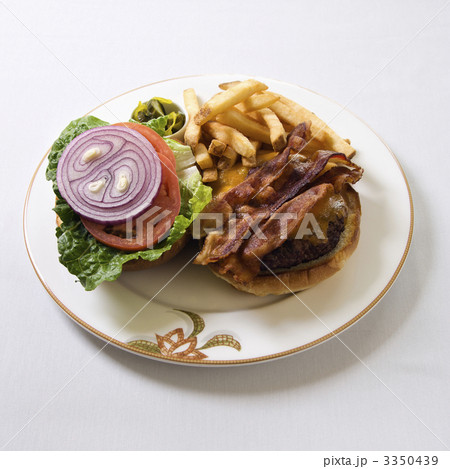 Bacon cheeseburger on plate. Bacon cheeseburger on plate. 3350439