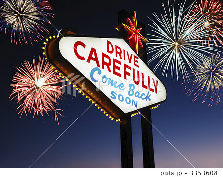 Leaving Las Vegas Sign With Fireworks in Background 3353608