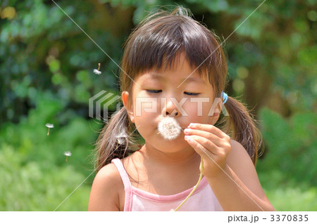 タンポポの綿毛を飛ばす女の子 タンポポの綿毛を飛ばす女の子 3370835