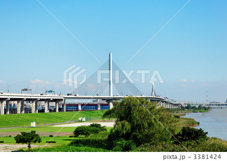 青空が広がる荒川の川原とかつしかハープ橋 青空が広がる荒川の川原とかつしかハープ橋 3381424