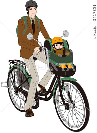 子供乗せ自転車に乗るイクメンのイラスト素材