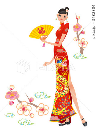 龍のチャイナドレスを着た女性で年賀なイメージのイラスト素材