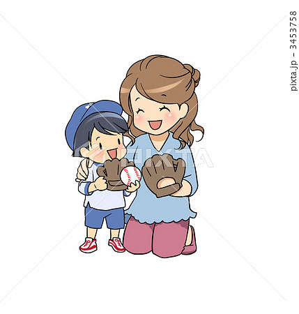 キャッチボールに出かける母と幼い息子のイラスト素材