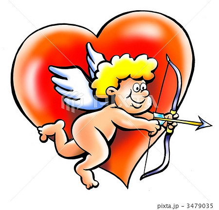 Angel boy with a bow and arrow in front of an red heart Angel boy with a bow and arrow in front of an red heart 3479035