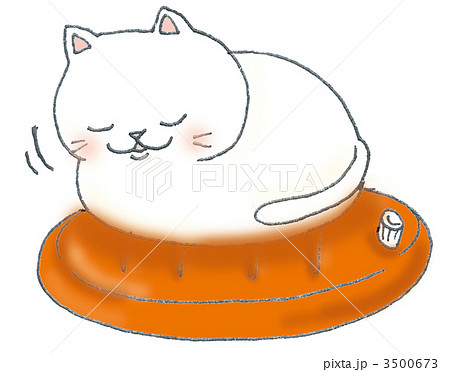 湯たんぽの上で寝る白猫のイラスト素材