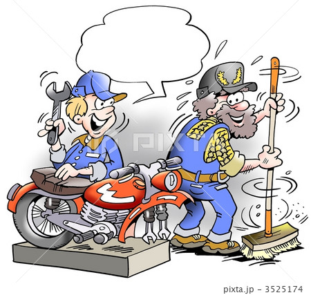 Young mechanic costing around with older employee 3525174
