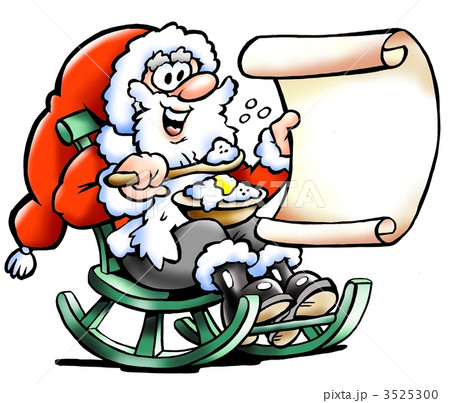 Santa Claus sits in his rocking chair with a bowl of rice puddin 3525300