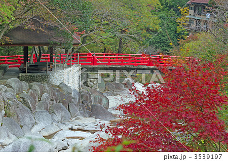 紅葉する大石公園 湯の山温泉街 の写真素材