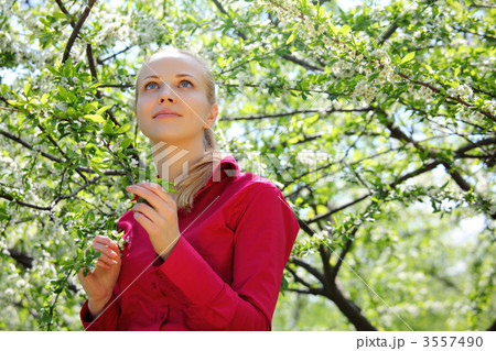 beautiful blonde looks upward in blossoming garden in spring 3557490
