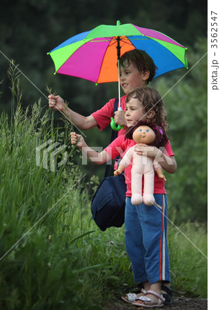 boy and girl under umbrella in park tear grass 3562547