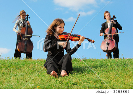violinist and two violoncellists play on grass against sky 3563365