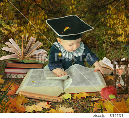 little boy with many books in autumnal park collage little boy with many books in autumnal park collage 3565334