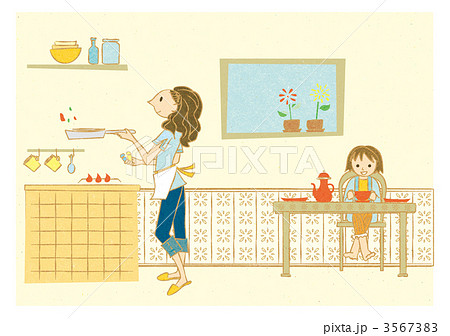 キッチンで料理する女性と子供 3567383