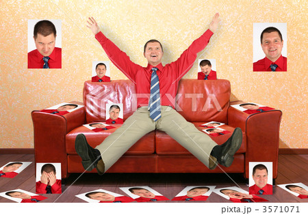 man on the leather red sofa with the photographs, collage man on the leather red sofa with the photographs, collage 3571071