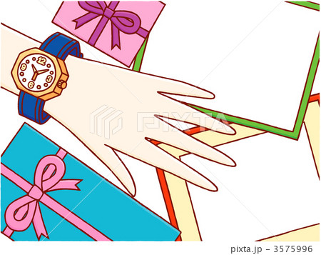 腕時計と腕とプレゼントとフォトフレームのイラスト素材