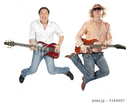 Big fat curly man in sunglasses jupms with guitar 3584607