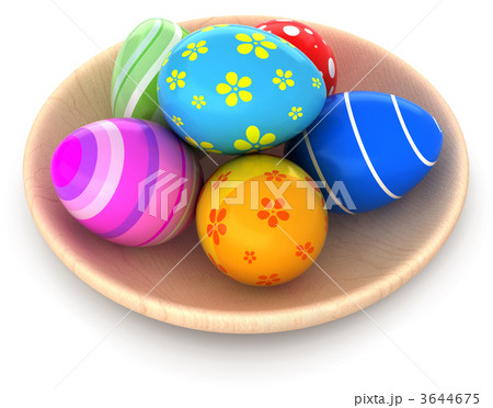 Colorful Easter eggs in wooden bowl 3644675