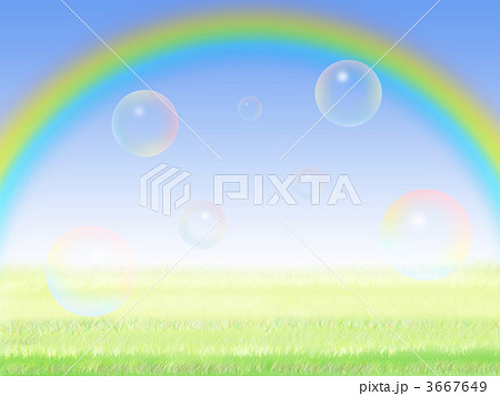 シャボン玉と虹と草原のイラストのイラスト素材