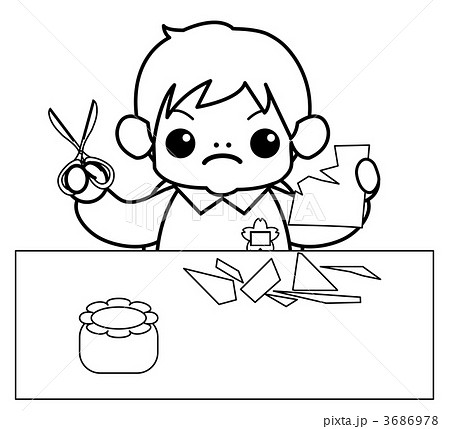 青い折り紙を切っている男の子 3686978