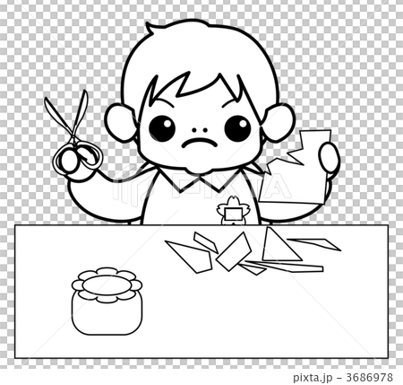 青い折り紙を切っている男の子 3686978