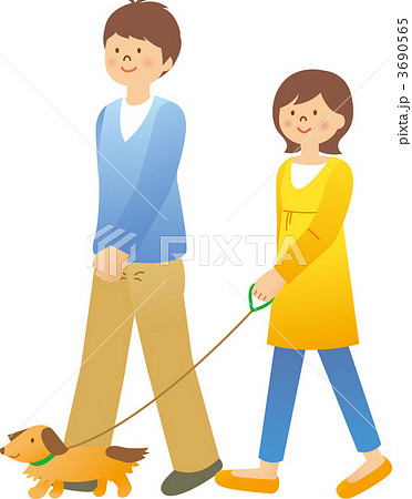 犬の散歩をする夫婦のイラスト素材