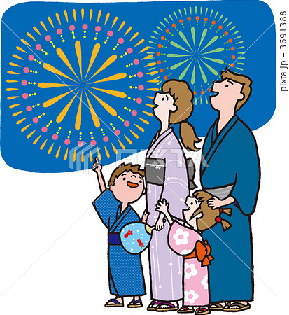 打ち上げ花火を見る家族 3691388