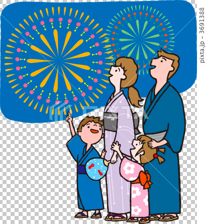 打ち上げ花火を見る家族 3691388