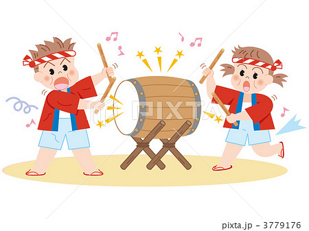 和太鼓を叩く男の子と女の子のイラスト素材