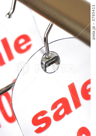 Sale. A hanger with labels on a white background. Sale. A hanger with labels on a white background. 3793413