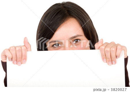girl displaying a white card girl displaying a white card 3820027