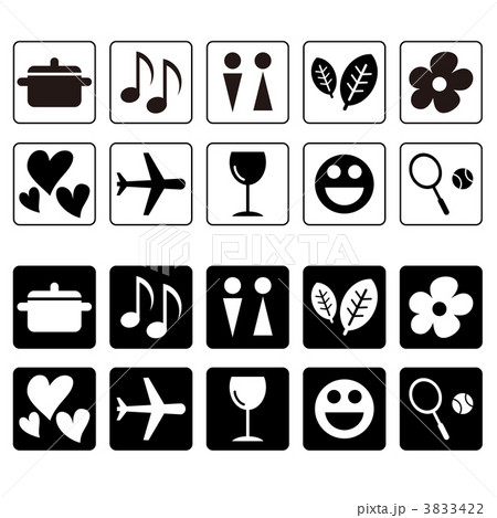 鍋、飛行機、ワイングラス、葉っぱなどのアイコンセット 3833422
