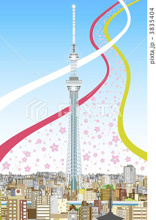 桜舞うスカイツリー スカイツリーのある風景 春 青 のイラスト素材