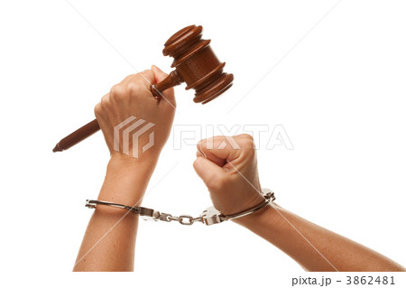 Handcuffed Woman Holding Wooden Gavel on White Handcuffed Woman Holding Wooden Gavel on White 3862481