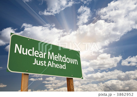Nuclear Meltdown Green Road Sign and Clouds 3862952