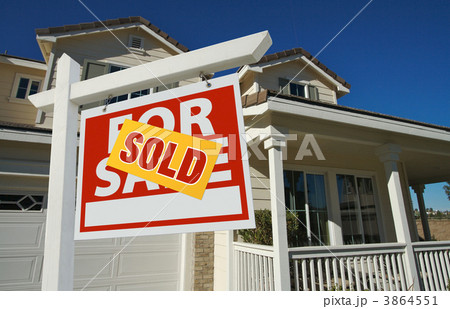 Sold Home For Sale Sign in Front of New House Sold Home For Sale Sign in Front of New House 3864551