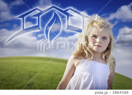 Adorable Blue Eyed Girl Playing Outside with Ghosted Green House Adorable Blue Eyed Girl Playing Outside with Ghosted Green House 3864566
