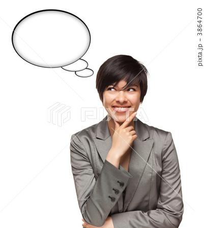 Beautiful Multiethnic Woman with Blank Thought Bubbles and Clipp 3864700