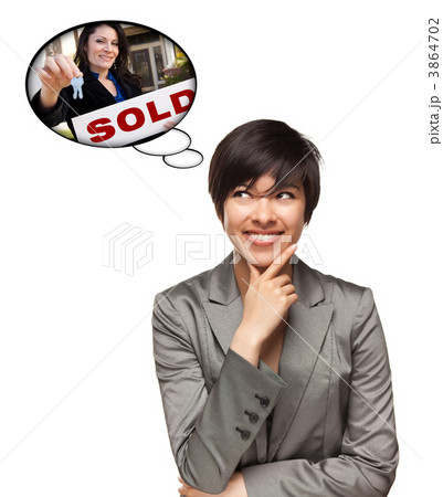 Multiethnic Woman with Thought Bubbles of Agent Handing Over Key 3864702