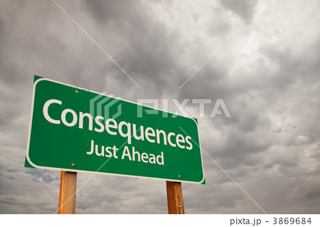 Consequences Green Road Sign Over Storm Clouds 3869684