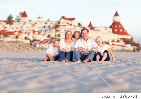 Happy Caucasian Family in Front of Hotel Del Coronado 3869761