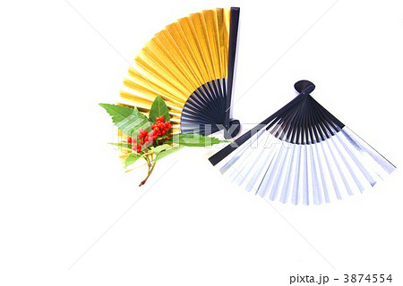 正月イメージ・金扇銀扇に千両横位値白バック 正月イメージ・金扇銀扇に千両横位値白バック 3874554