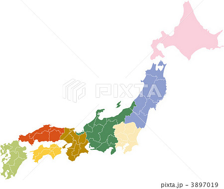 日本地図 県境界線 色分けのイラスト素材