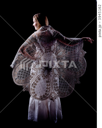 woman in linen cloth and lace cloak 3945162