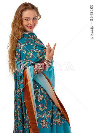 Beauty girl posing in blue oriental indian costume 3945239
