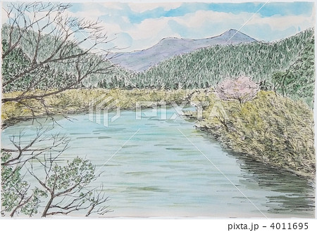 ペンスケッチ 水彩画 阿武川の桜 のイラスト素材