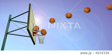 バスケットゴール　雲のない青空　ボールの連続写真　逆光　CG 4024336