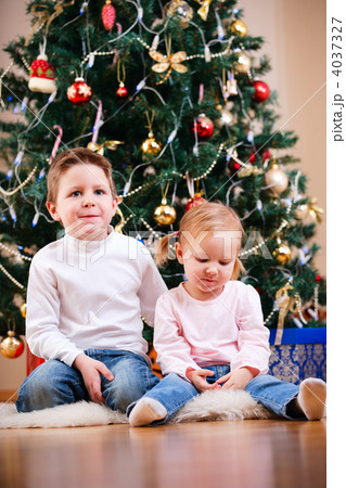 Two kids near Christmas tree 4037327