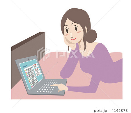 ベッドでノートパソコンをする女性 ツイッター風 のイラスト素材