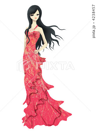 赤いロングドレスを着た女性 黒髪 ロングヘアのイラスト素材